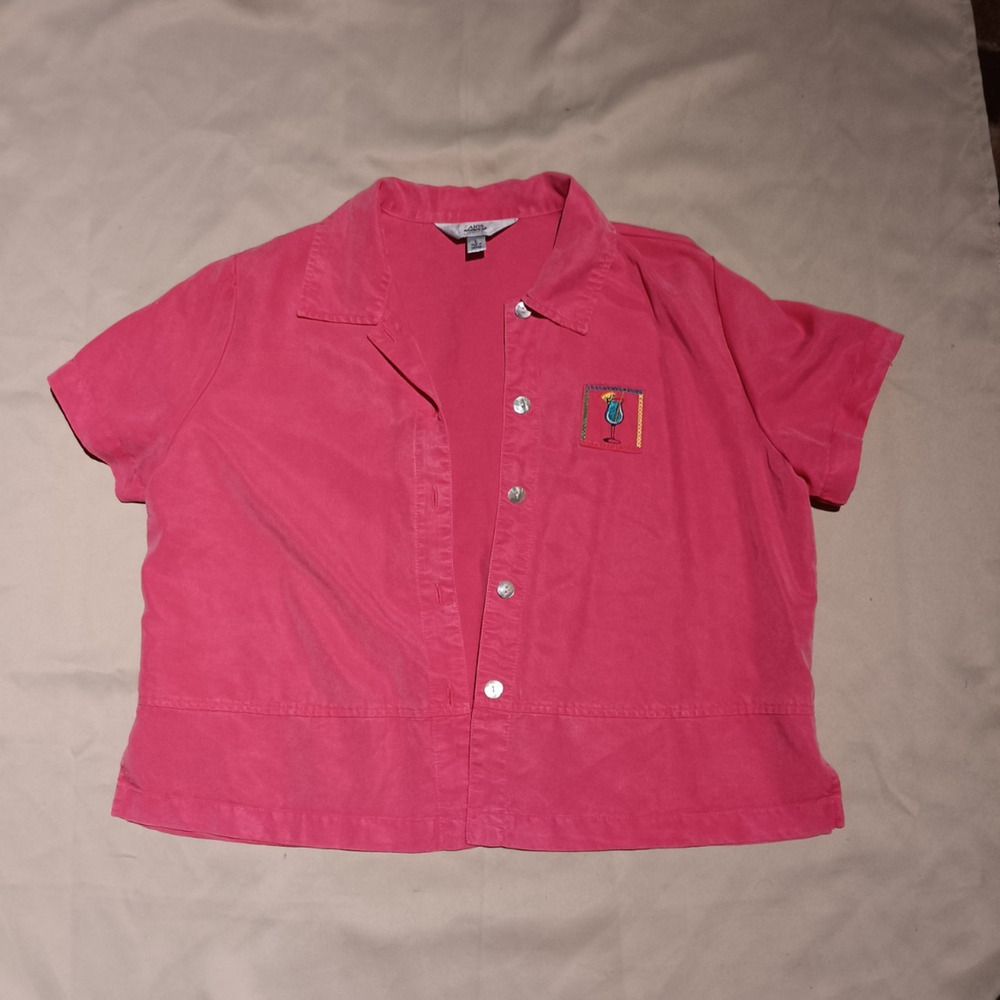 AKS by Amy K Su Embroidered Cocktail Coral Women's Button Up Large Lyocell Top - Picture 2 of 5